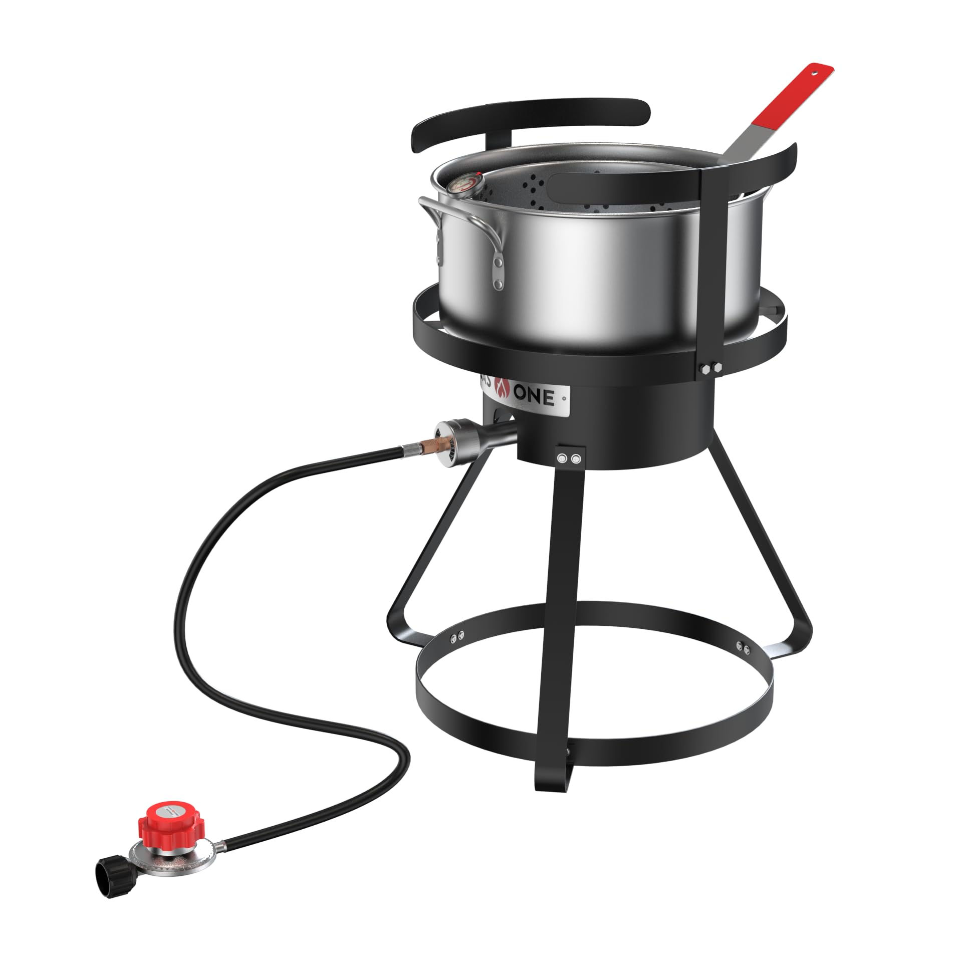 Gas One 10qt pot with strainer basket for even deep frying outdoors.