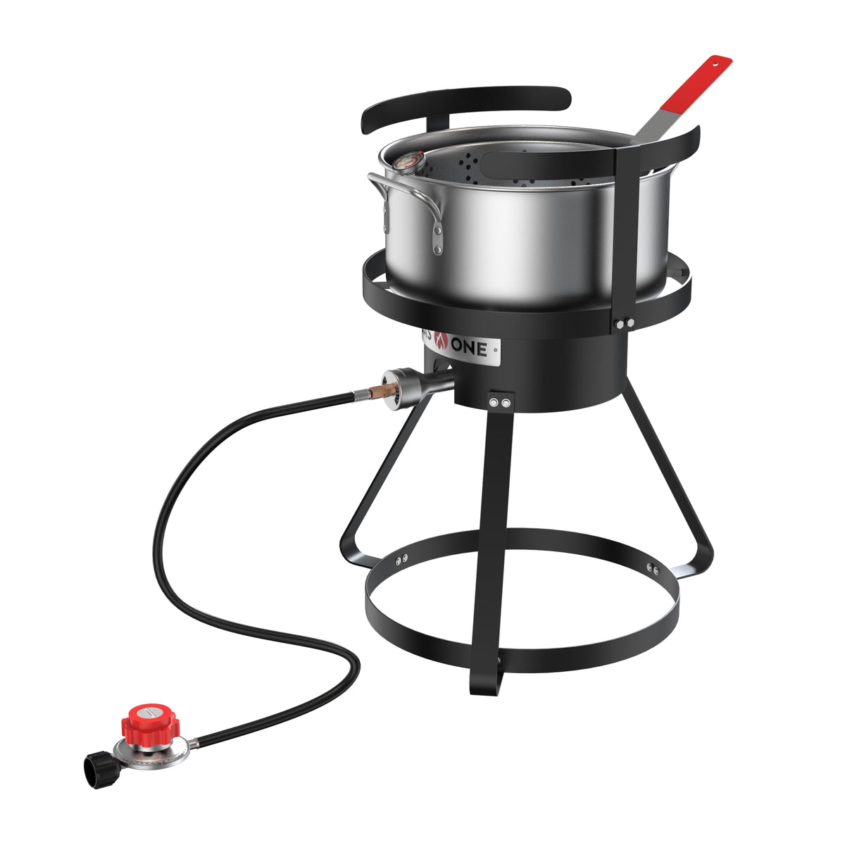 Gas One 10qt pot with strainer basket for even deep frying outdoors.