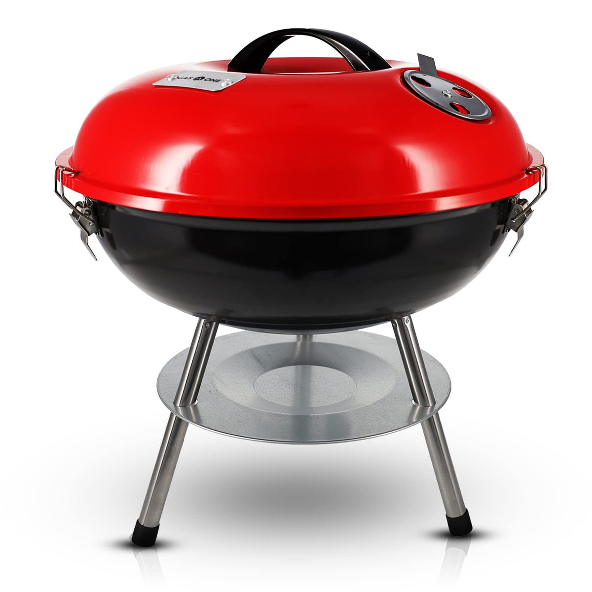 Gas One 14-inch portable grill lid showing heat retention for even cooking.