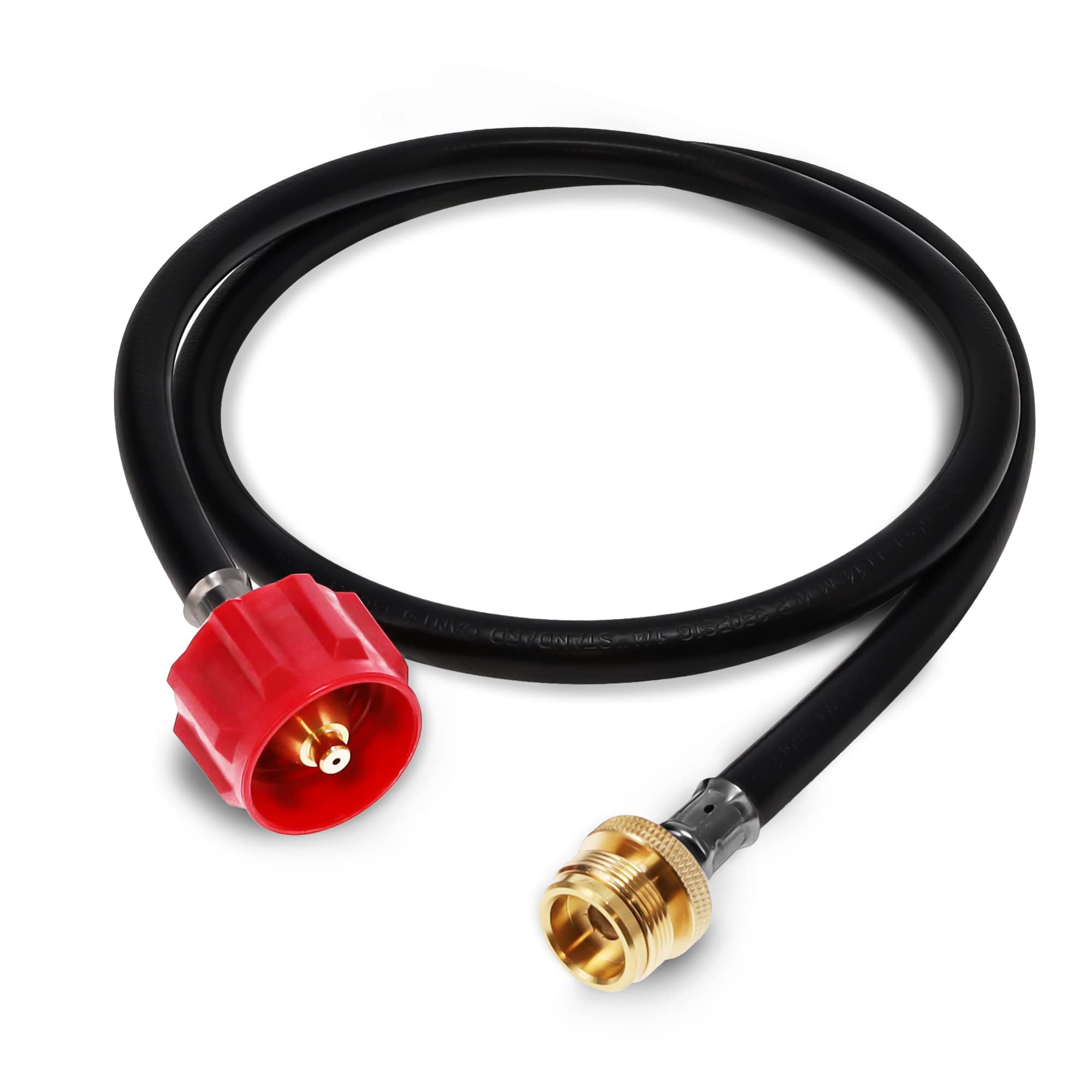 Gas One 4 ft hose with 1lb to 20lb adapter close-up showing brass fittings for durability