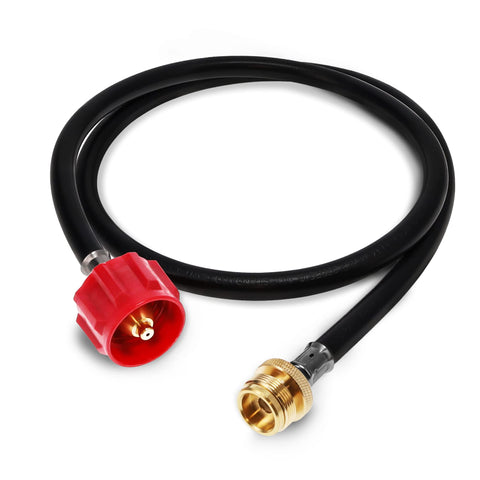 Gas One 4 ft hose with 1lb to 20lb adapter close-up showing brass fittings for durability
