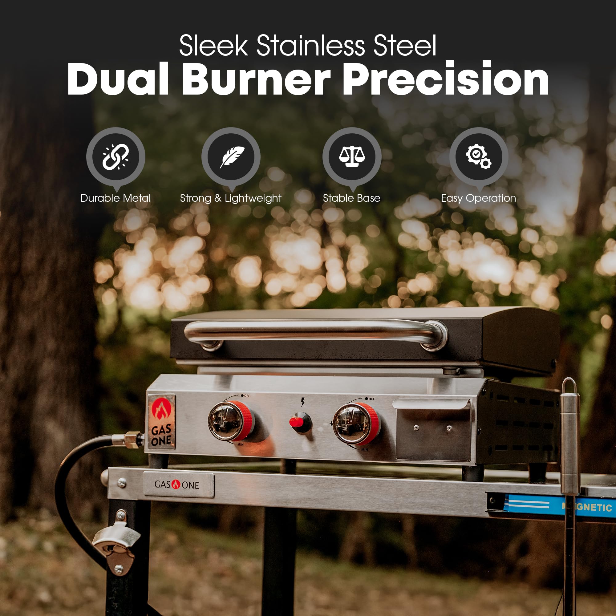 Gas One auto-ignition propane grill shows quick start for RV trips and camping.