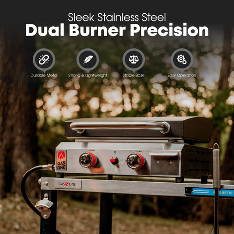 Gas One auto-ignition propane grill shows quick start for RV trips and camping.