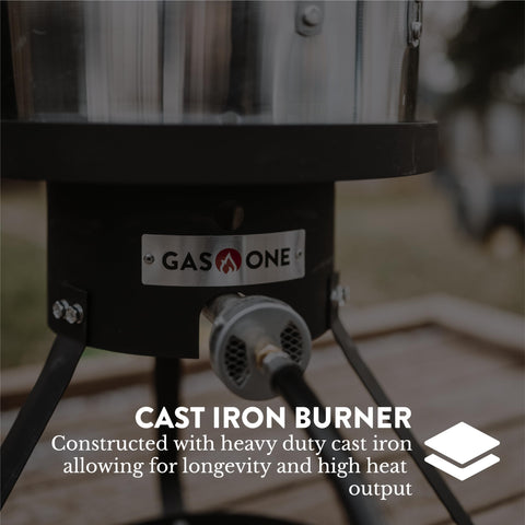 Gas One deep fryer basket and pot setup ready for frying.
