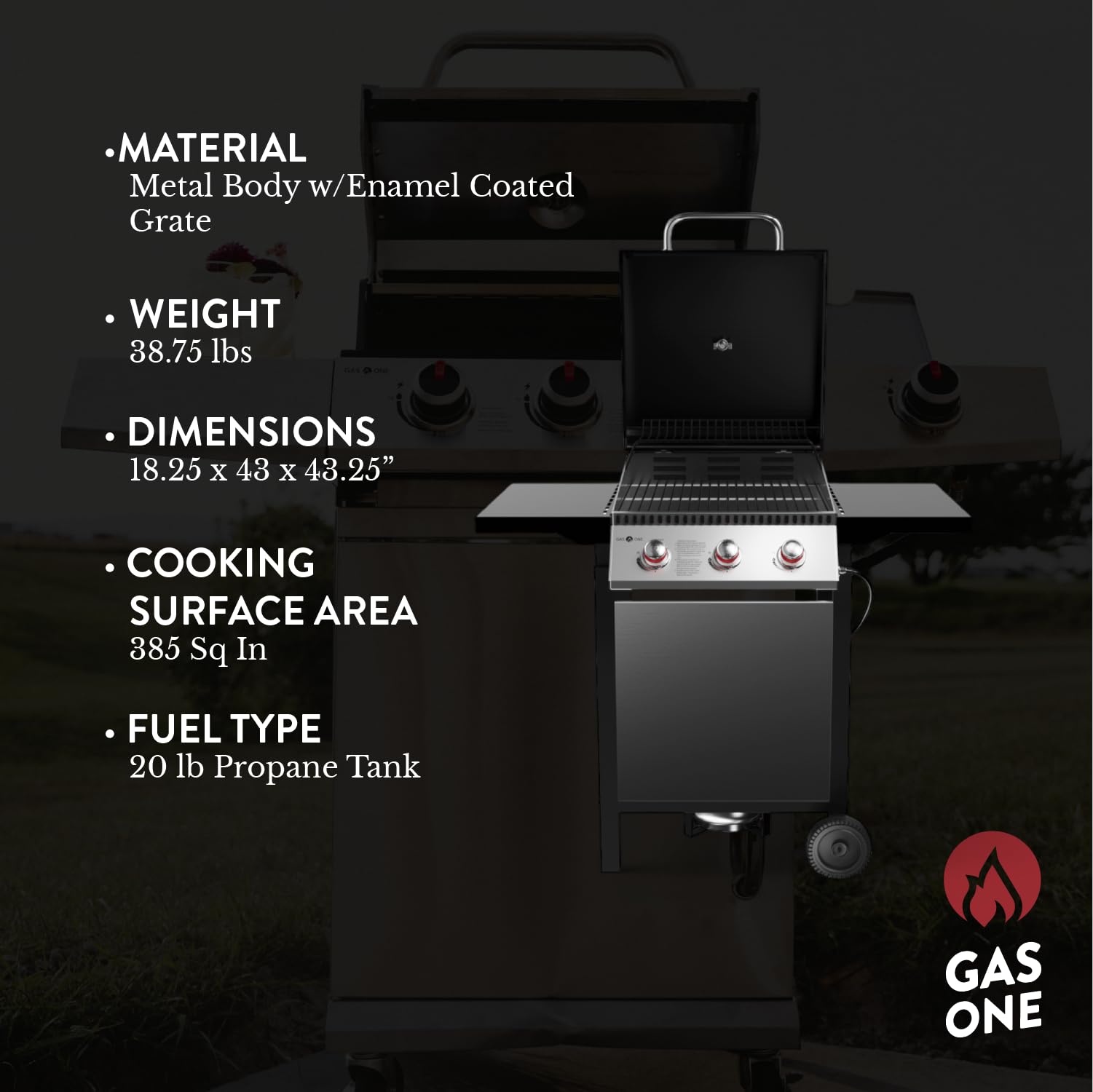 Gas One GP-1030S cabinet-style design provides organized storage.