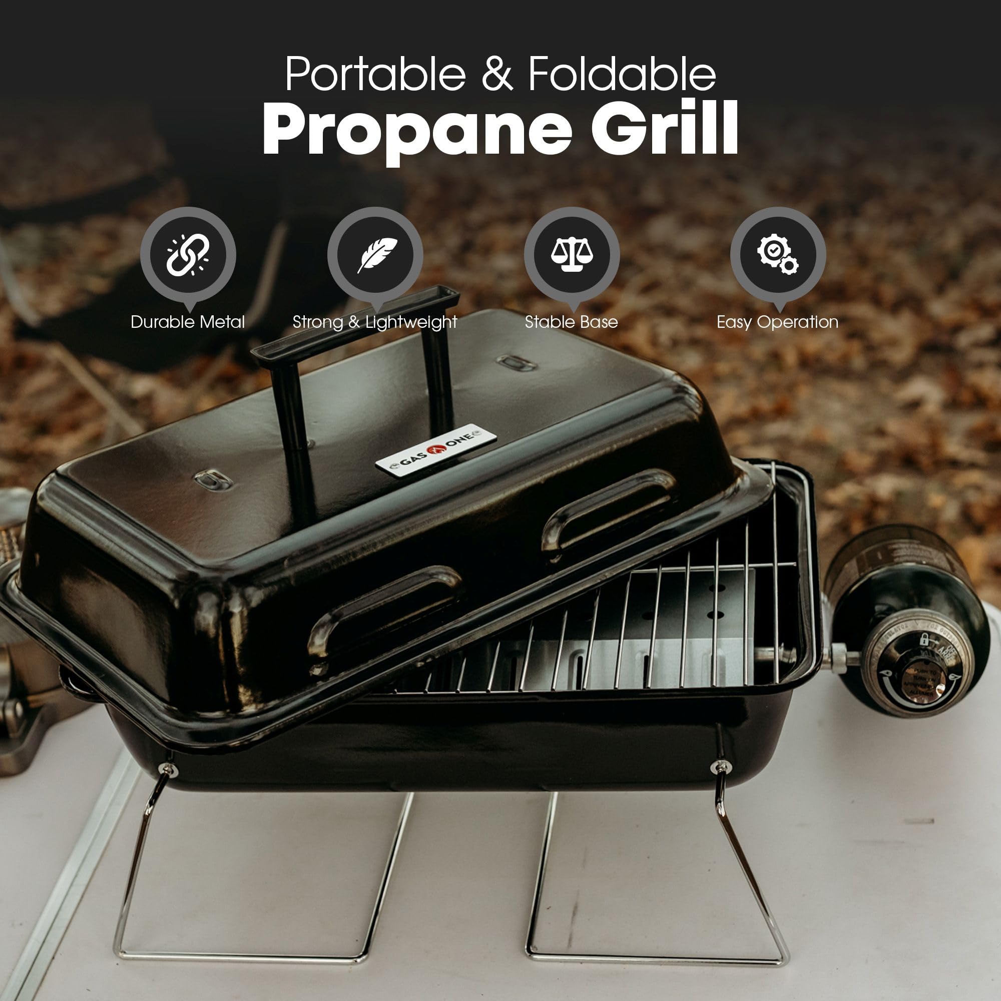 Gas One GPT-25 portable grill with built-in handles for carrying.