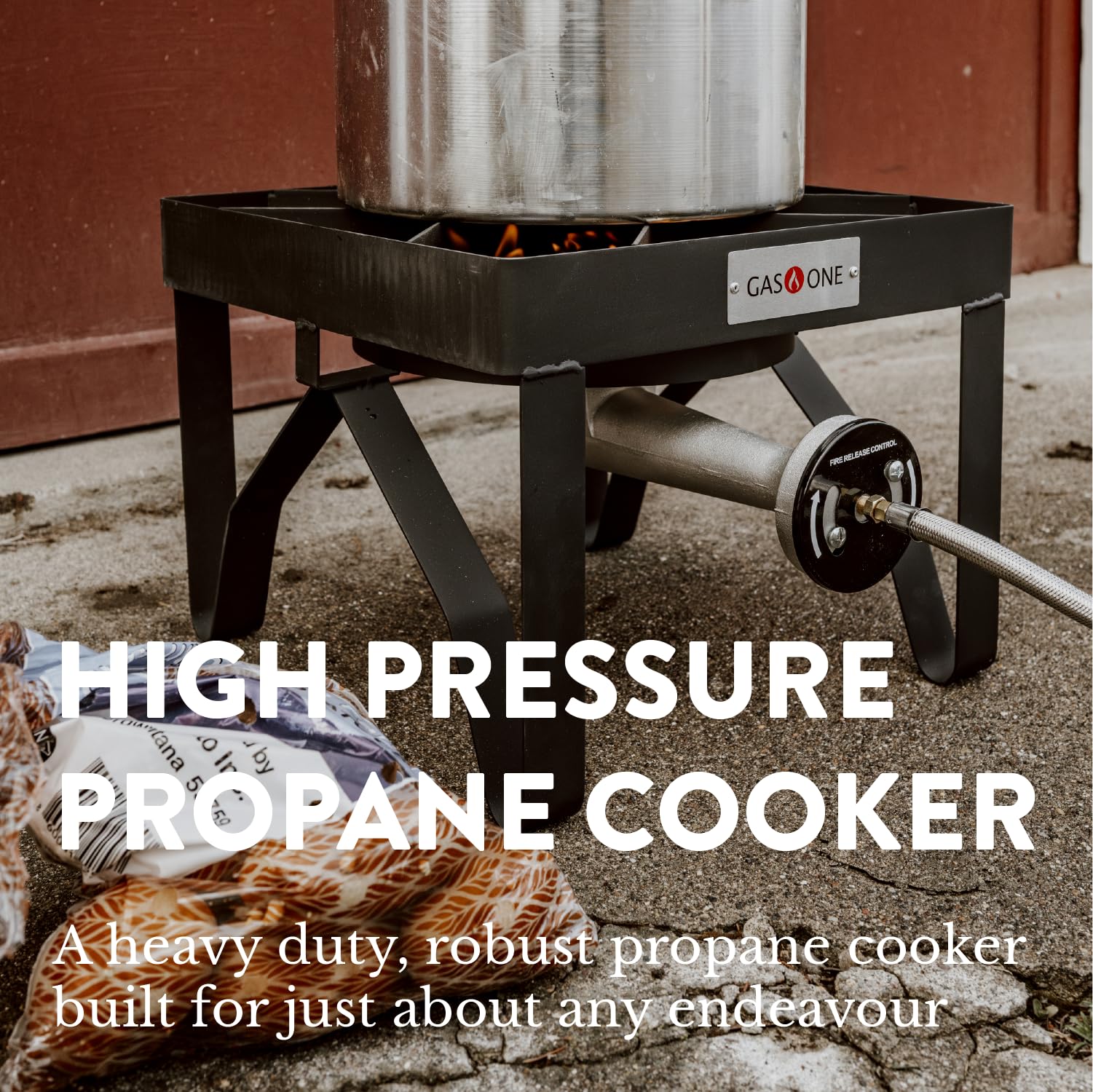 Gas One propane burner with brewing setup for precise heat outdoors.