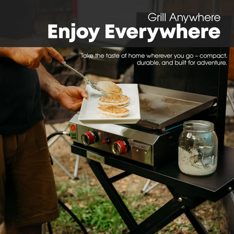 Gas One RV camping outdoor grill in compact setup ideal for small spaces.