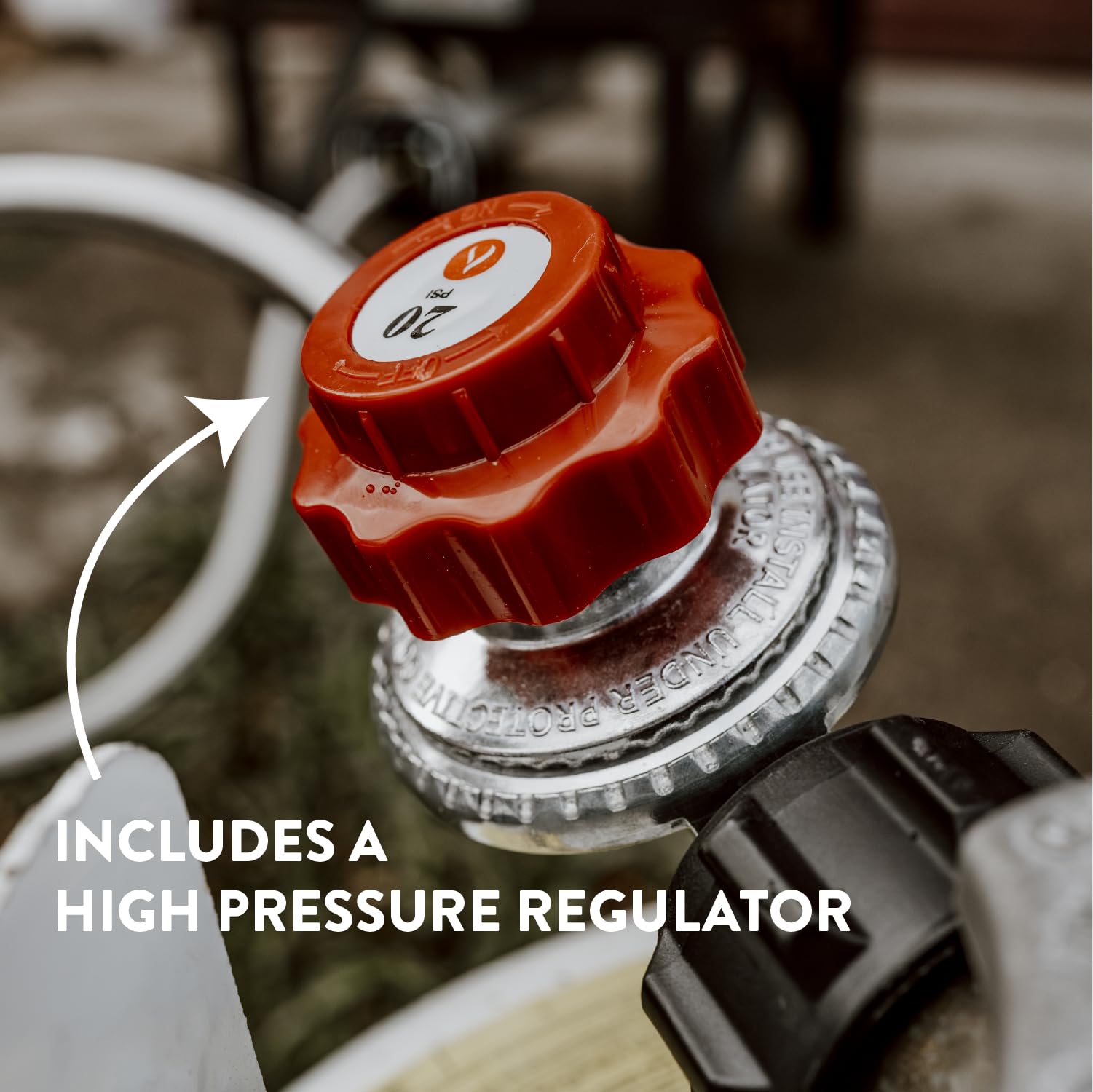 Gas One steel braided hose provides reliable connection during cooking.