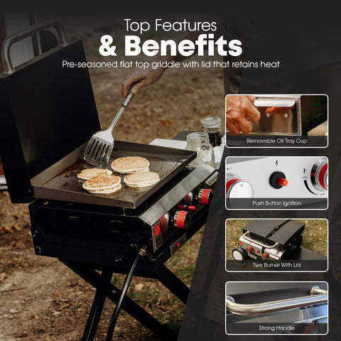 Gas One table top griddle pre-seasoned demonstrates versatile cooking for eggs, veggies, and meats.