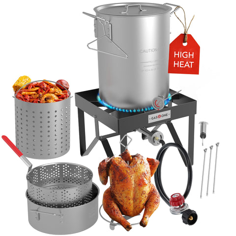 Gas One turkey fryer set with 30qt and 10qt pots for efficient outdoor cooking.
