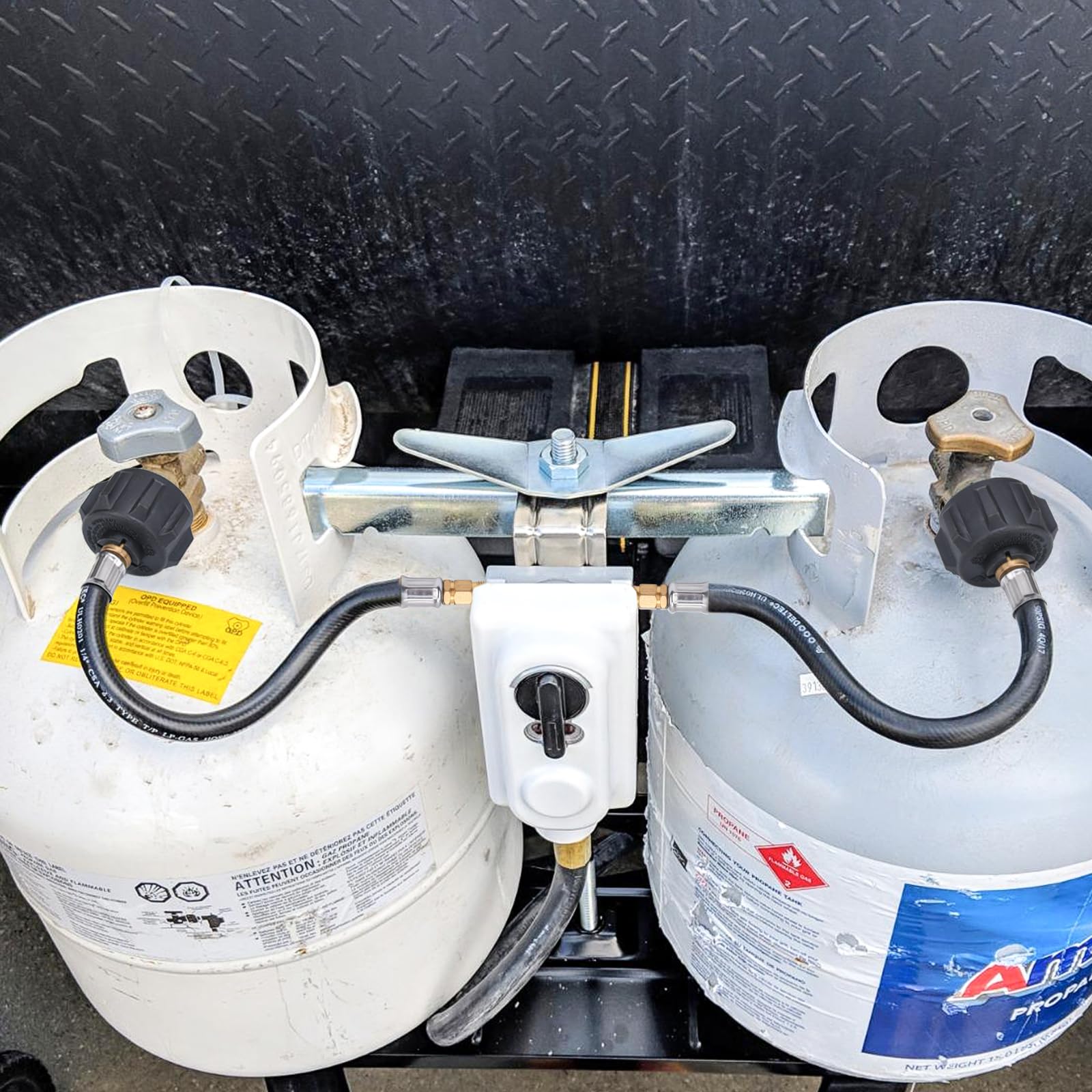 GasSaf 12-inch hose shown with 2-stage regulator compatibility for steady propane flow.