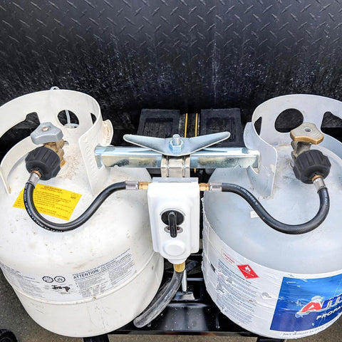 GasSaf 12-inch hose shown with 2-stage regulator compatibility for steady propane flow.