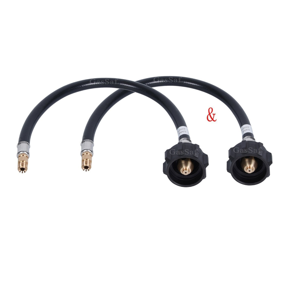 GasSaf 12-inch propane hose with Acme nut and inverted flare for secure tank connection.