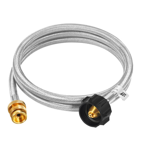 GasSaf 6ft propane adapter hose with stainless braid showing secure connection for 1lb to 20lb tanks