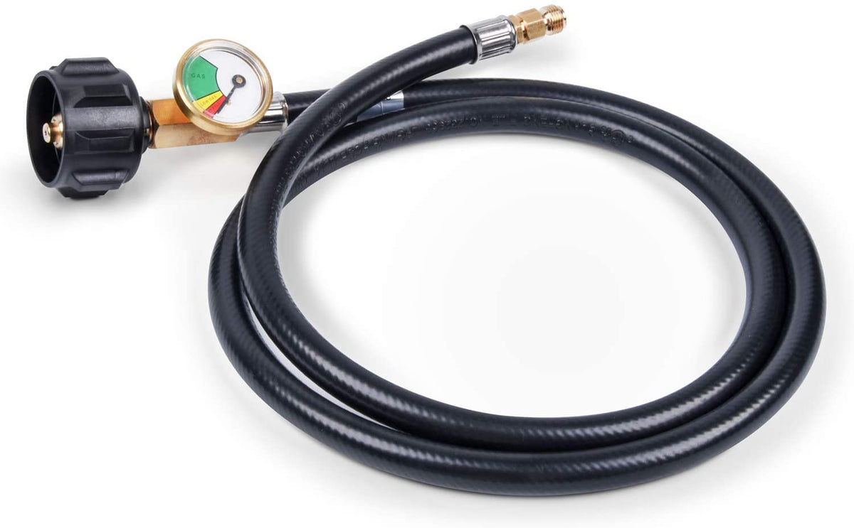 GasSaf 4ft RV propane hose with gauge for easy level checks during outdoor cooking