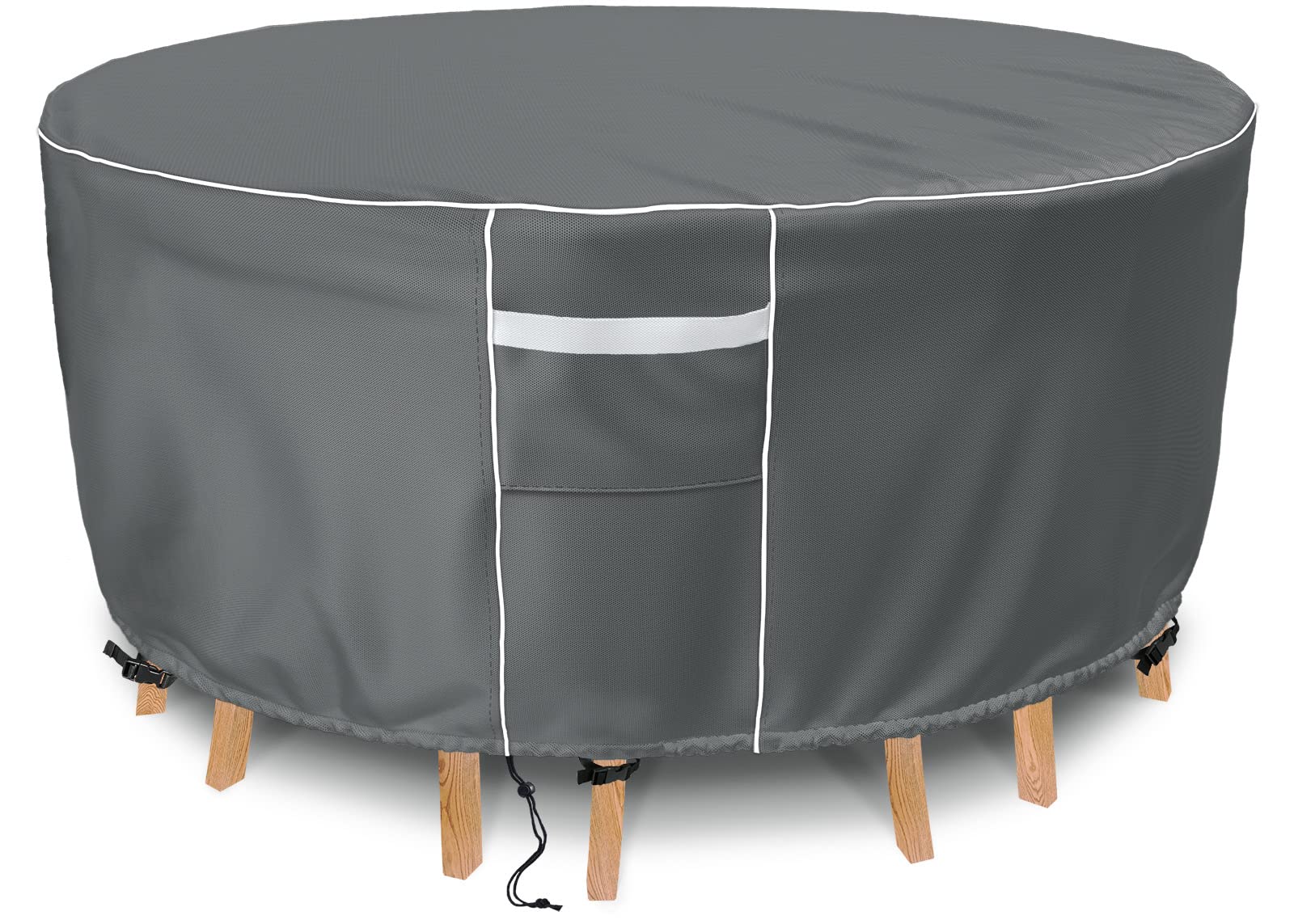 Gasadar round furniture cover protecting a 62-inch round table and chairs outdoors