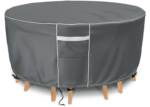 Gasadar round furniture cover protecting a 62-inch round table and chairs outdoors