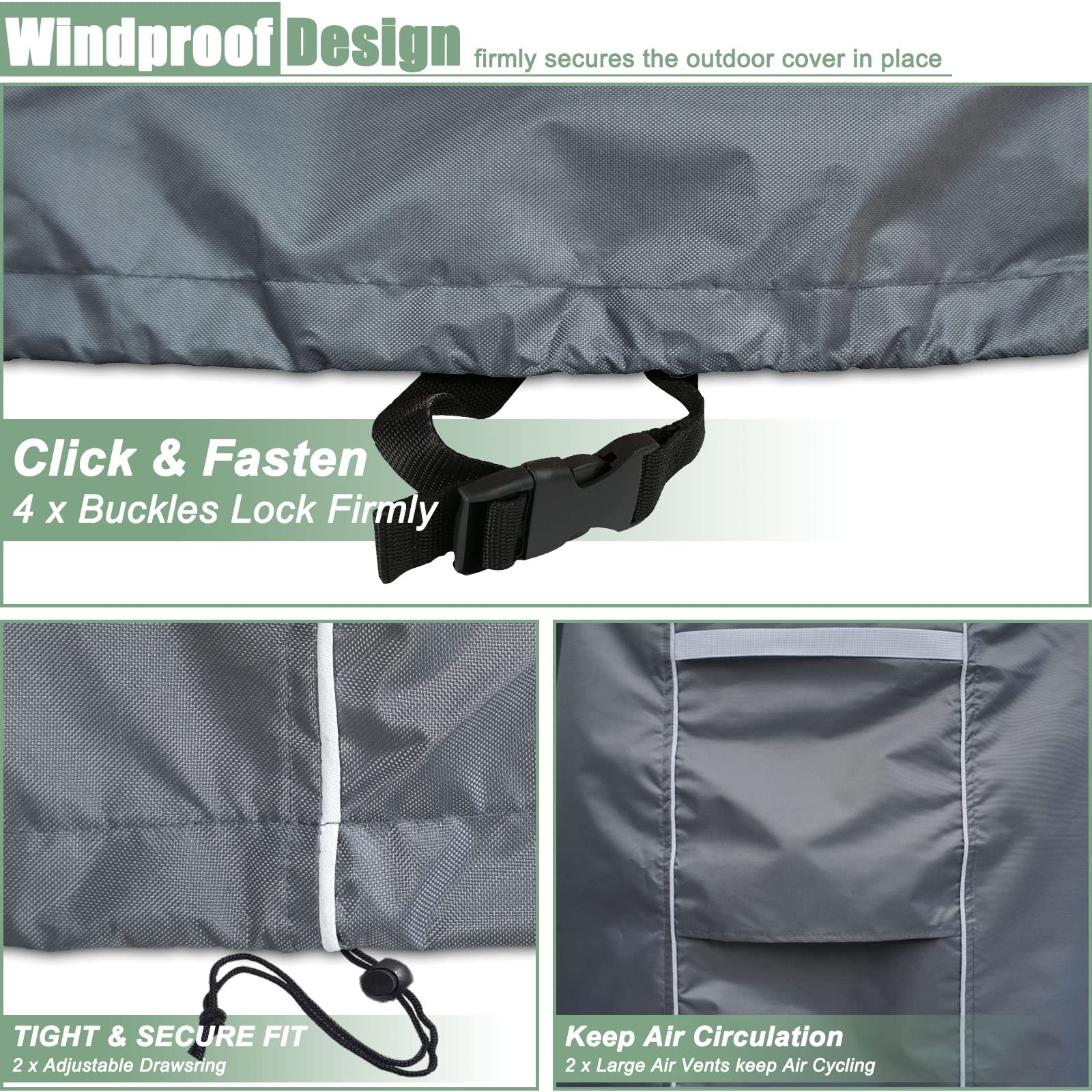 Gasadar cover showing strap buckles and drawstring for secure fit