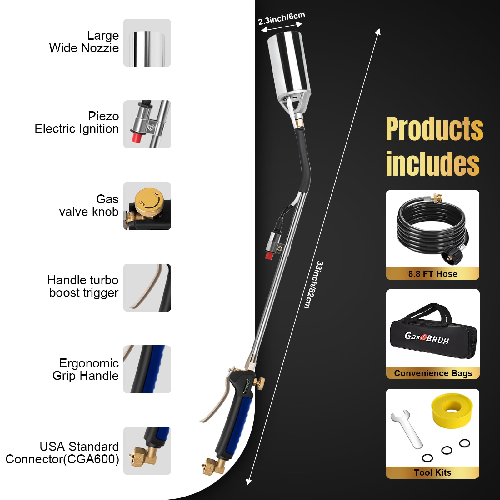 GasBRUH large-flame nozzle delivers up to 30 inches of flame.