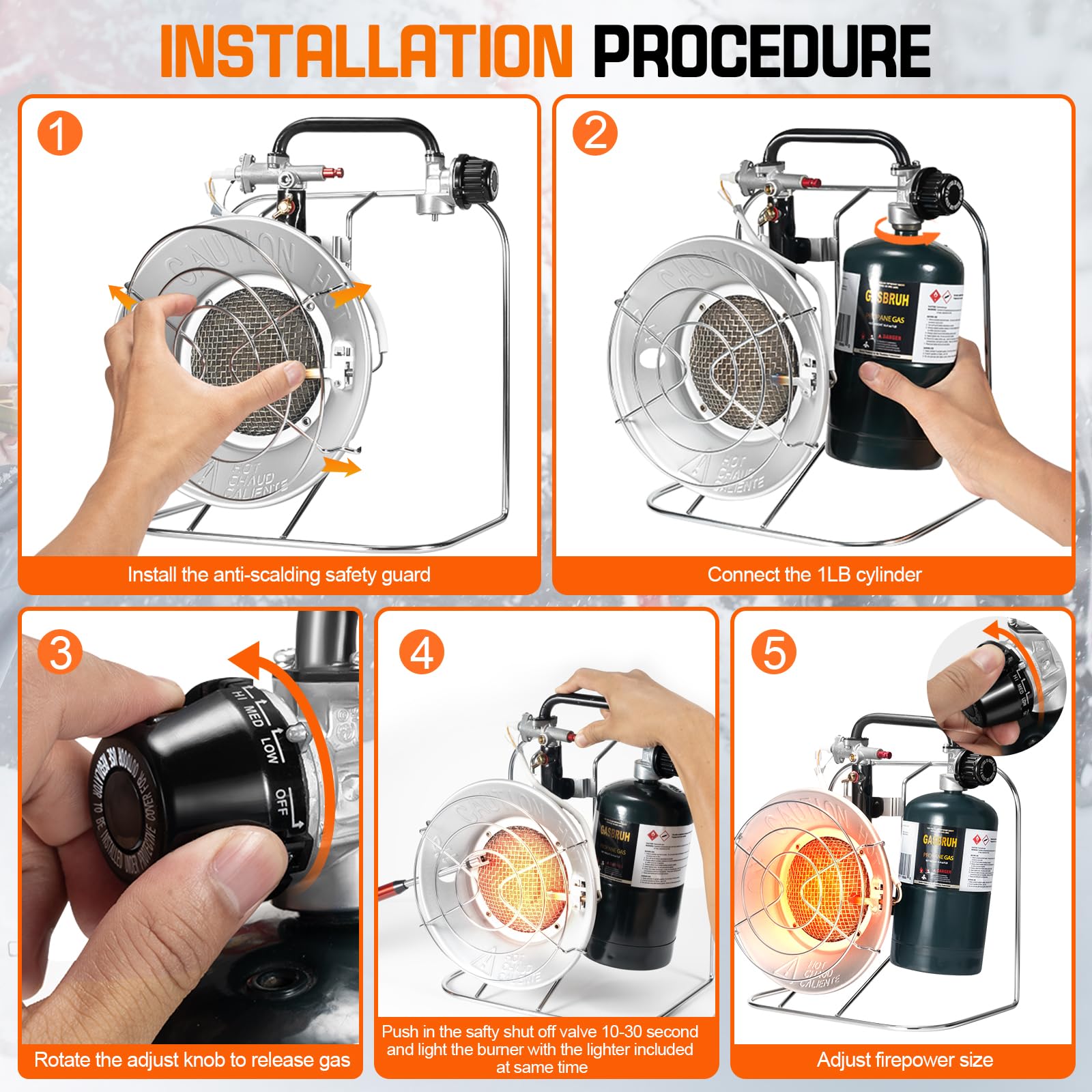GasBRUH outdoor heater heat control knob shows adjustable heat levels.