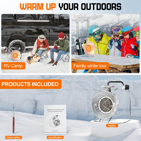 GasBRUH outdoor heater in use at a campsite for warmth and meal prep.