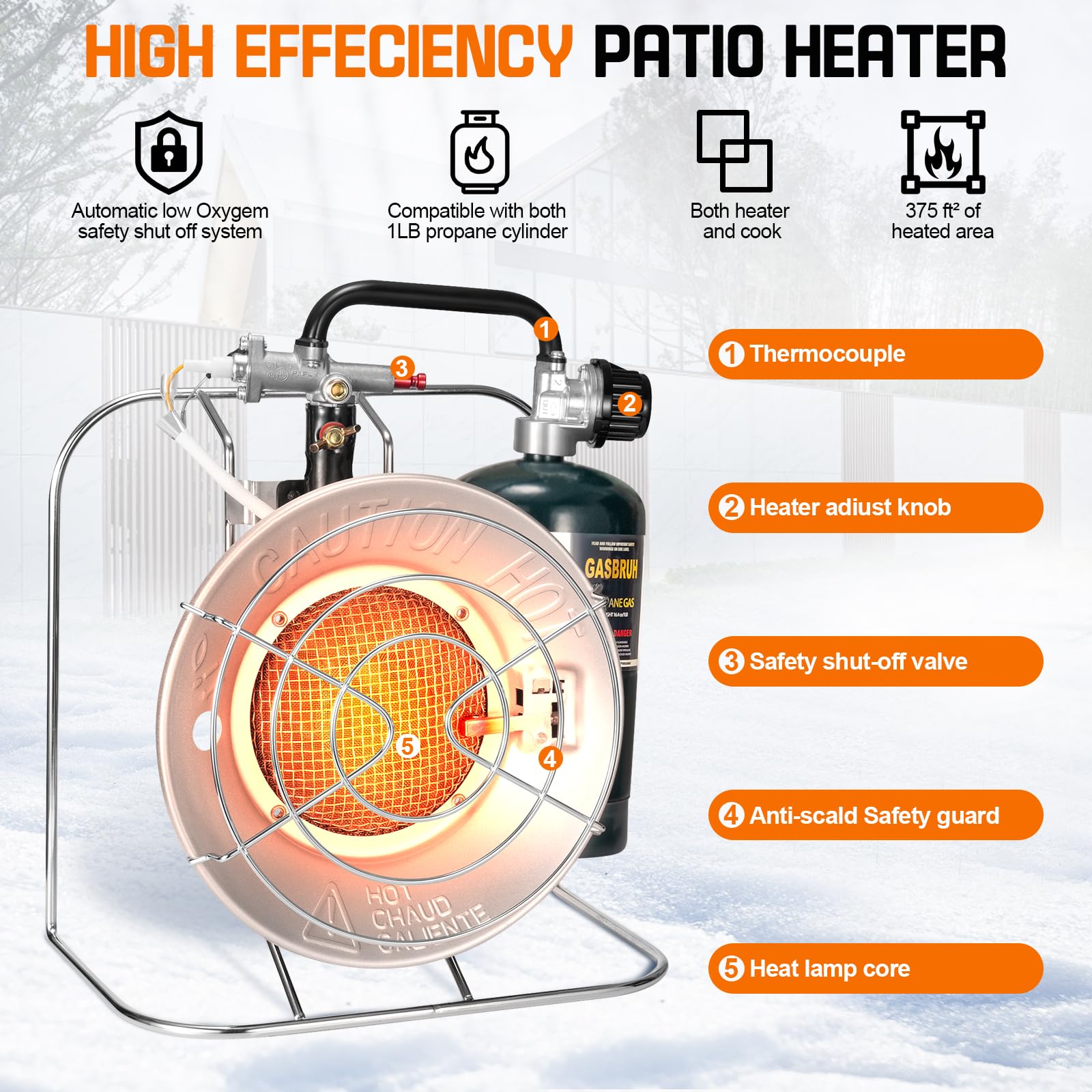 GasBRUH outdoor heater side view showing compact profile for portable camping.