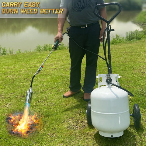 GasBRUH propane tank dolly with ergonomic handle for one-handed maneuvering.