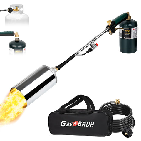 GasBRUH weed torch 360k BTU with igniter in action for outdoor weed control.