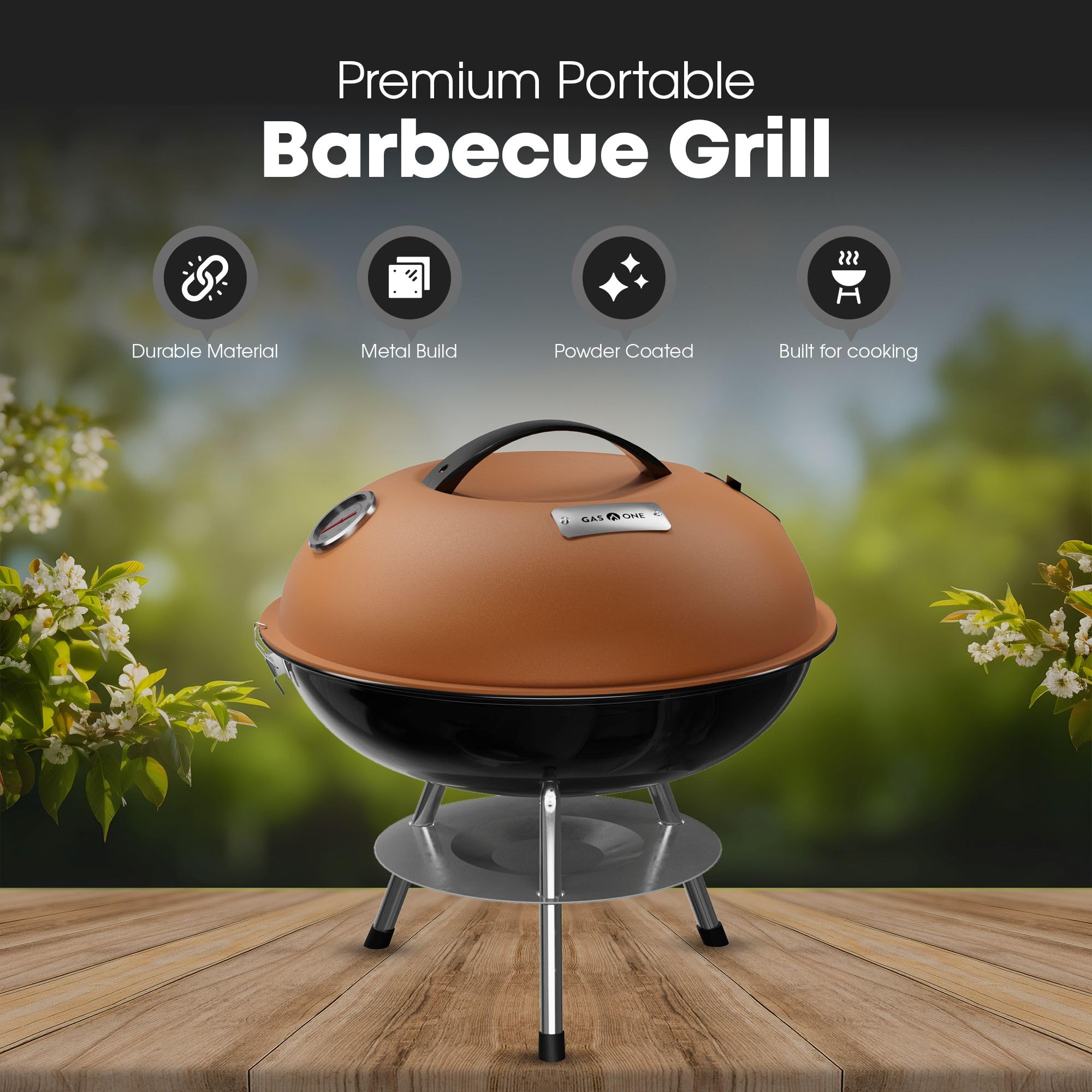 Gas One compact charcoal grill side view ideal for small patios and camping