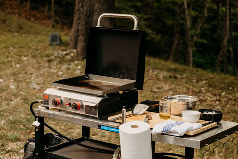GasOne grill table side shelf storage keeps utensils and ingredients within reach