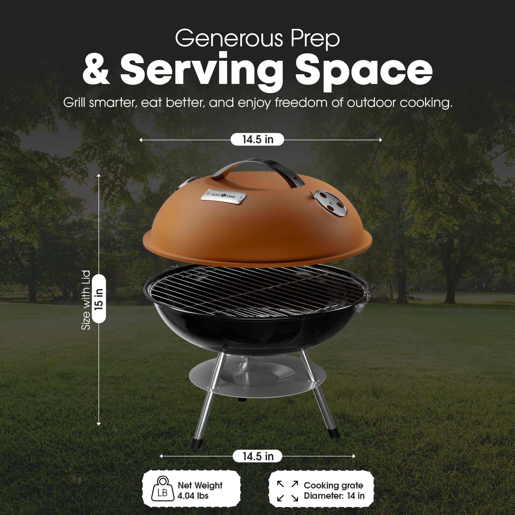Gas One thermometer inside lid for quick heat monitoring during grilling