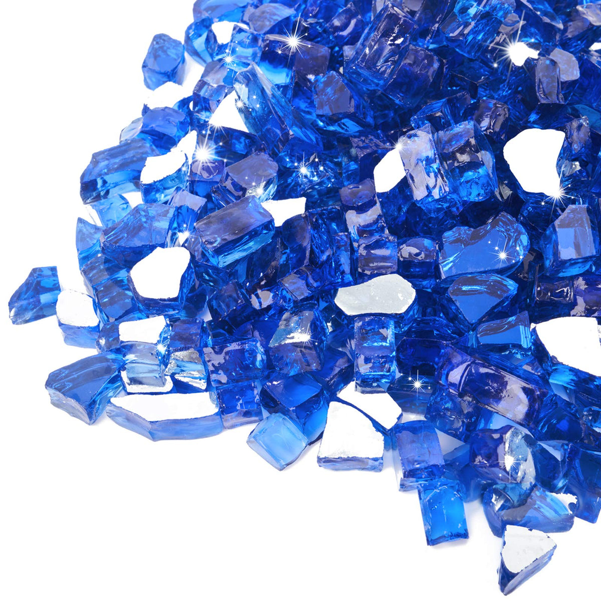 GASPRO cobalt blue fire glass 1/2-inch pieces reflect light for daytime sparkle.