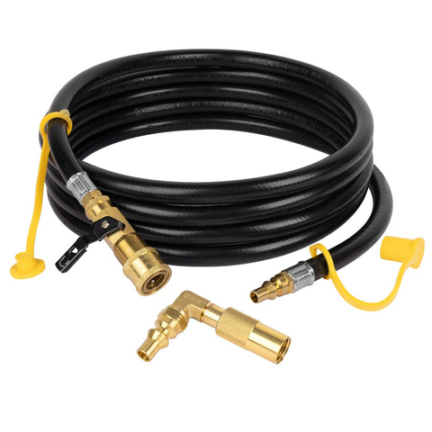 GasPro 12ft quick-connect propane hose ready for RV grilling setup.