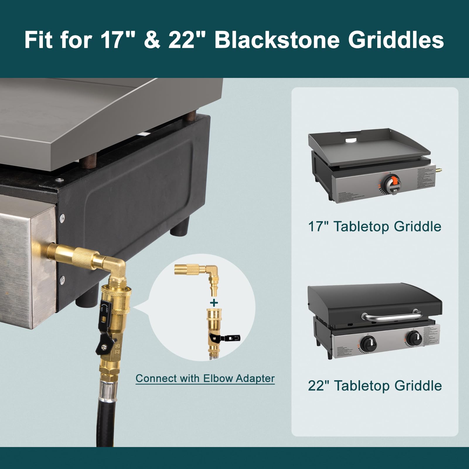 GasPro elbow adapter for RV hose connects safely to Blackstone griddles.
