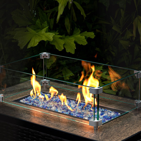 GASPRO fire pit glass closeup shows sparkling reflections as flames dance.