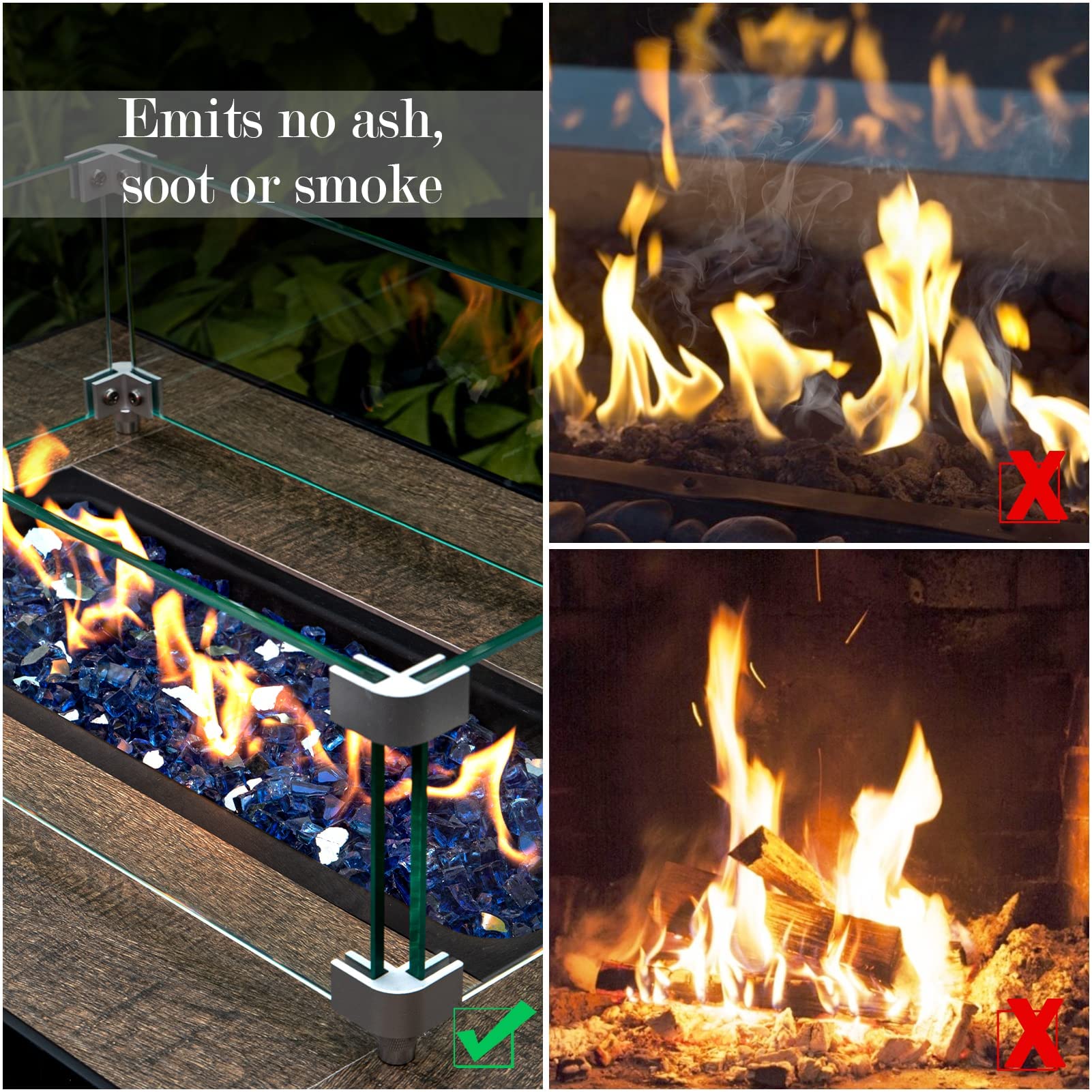 GASPRO blue mirrored glass enhances flame glow in propane pits