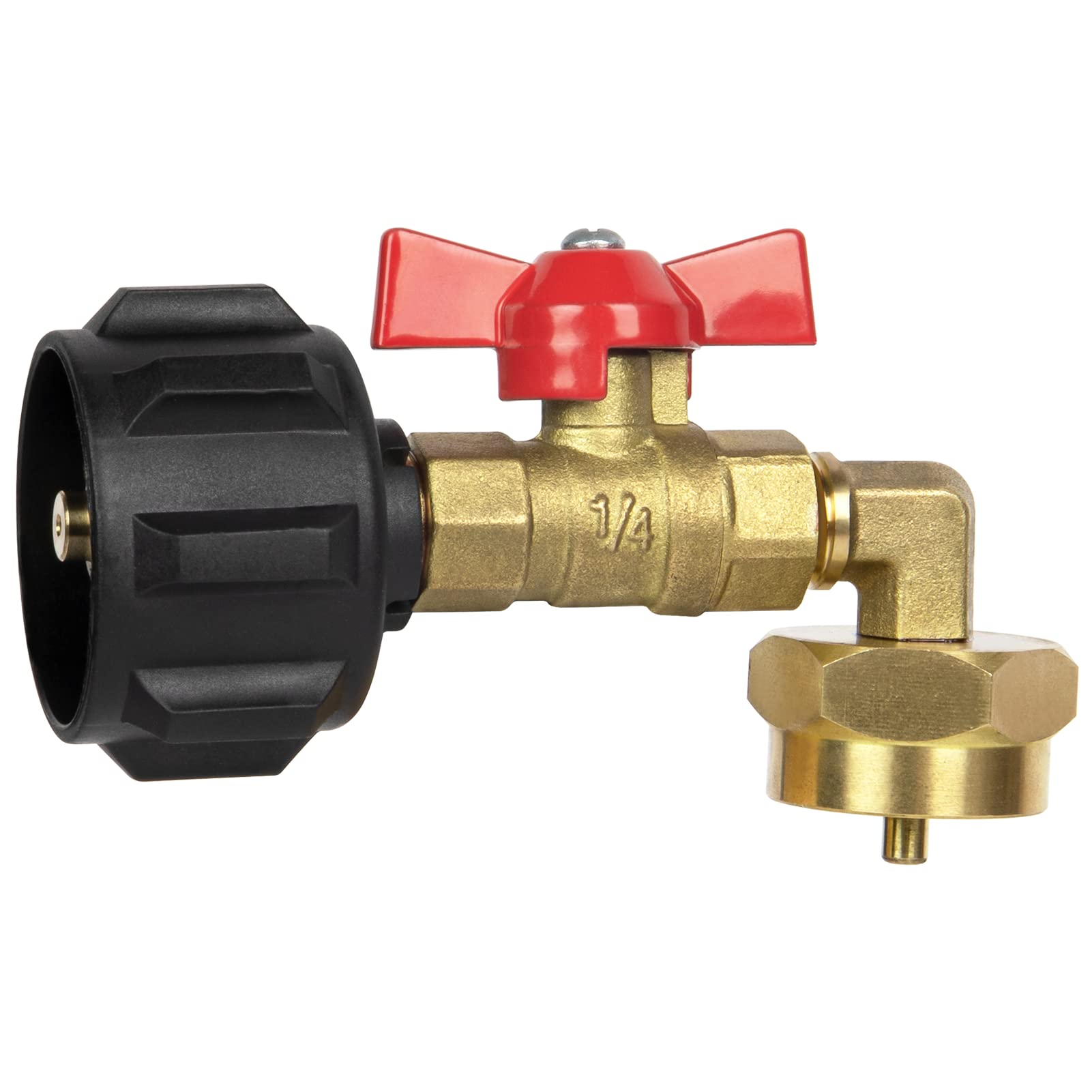 GasPro upgraded propane refill adapter with 90-degree elbow for easy access to small cylinders.