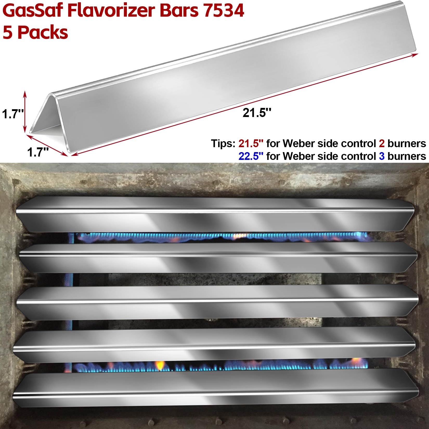 GasSaf 21.5-inch flavorizer bars for Weber 7534 compatibility, seamless replacement.