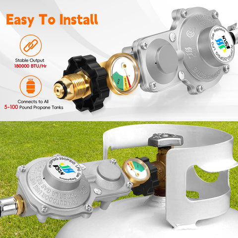 GasSaf regulator with 3/8 inch flare nut end for broad device compatibility.