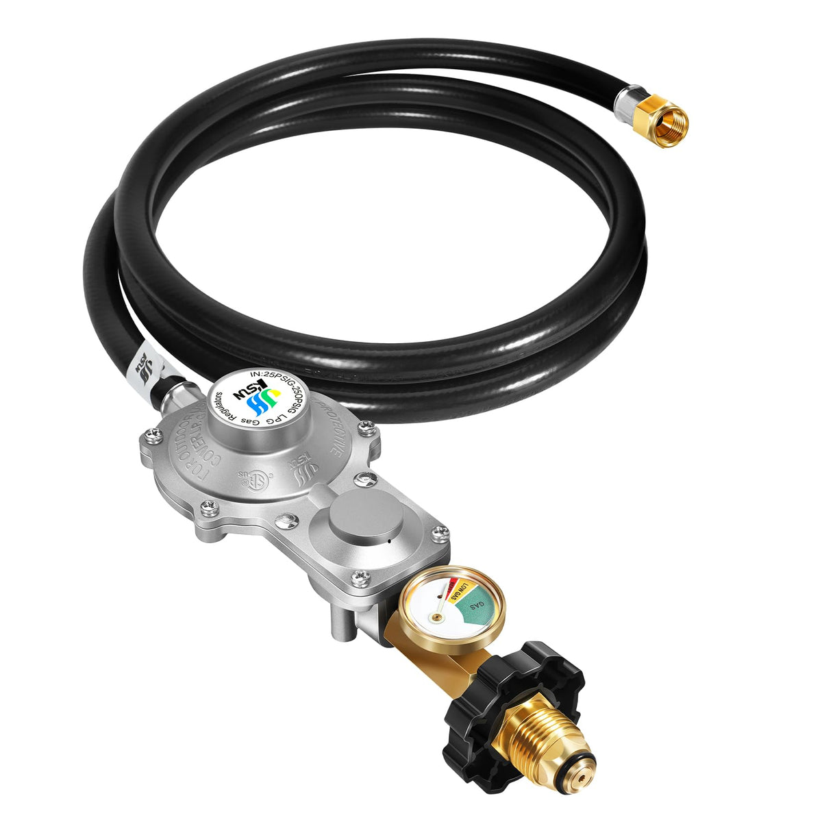 GasSaf 5ft two-stage propane regulator with hose and gauge for stable RV gas supply.