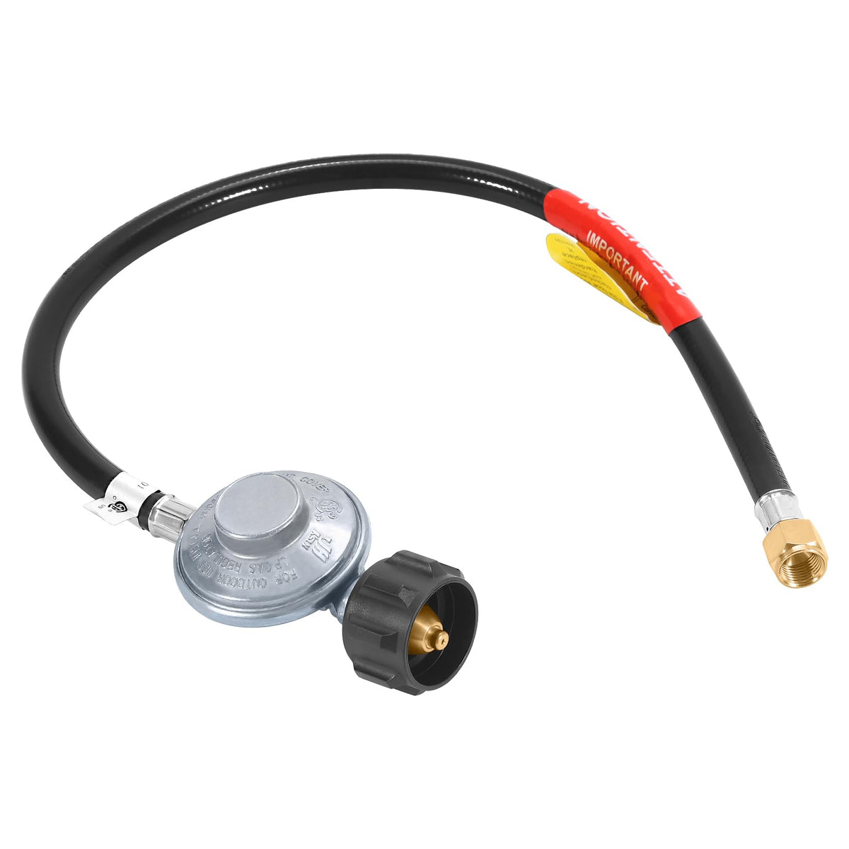 GasSaf 6ft regulator and hose attached to propane tank for outdoor grilling