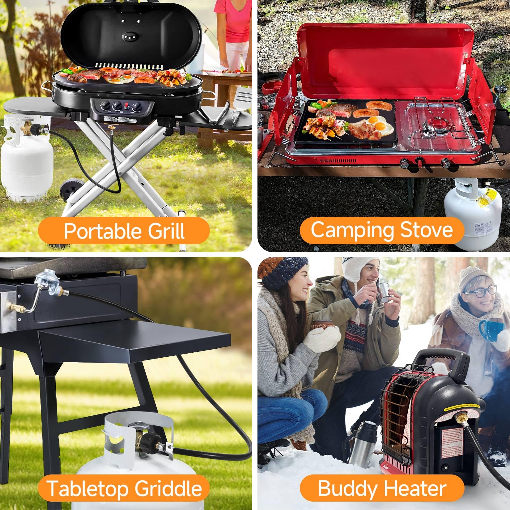 GasSaf hose used in camping with lanterns and portable stoves at a site.