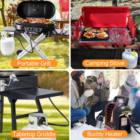 GasSaf hose used in camping with lanterns and portable stoves at a site.