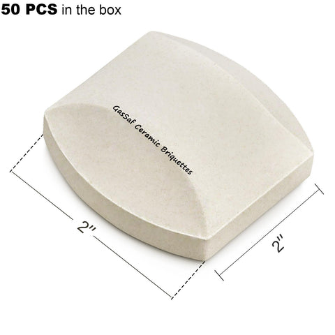 GasSaf ceramic briquettes close-up showing 2x2x0.8 inch size.