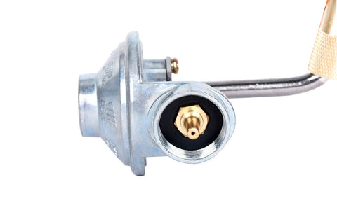 Close-up of GasSaf griddle regulator showing knurled grip for tool-free replacement.