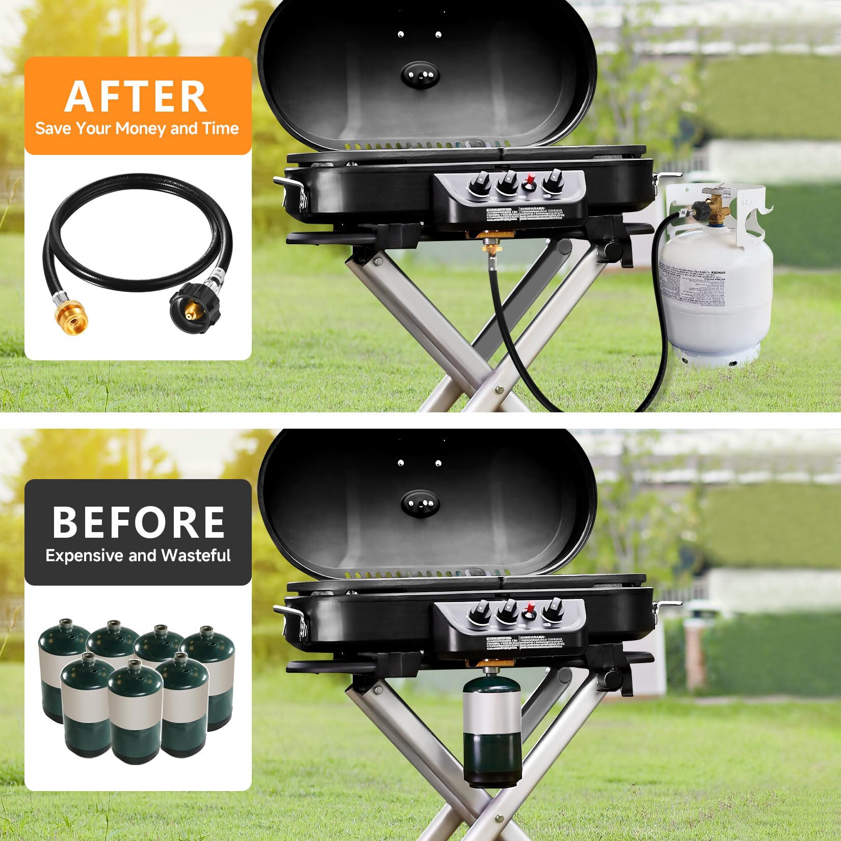 GasSaf hose attached to a portable grill during tailgating or camping.