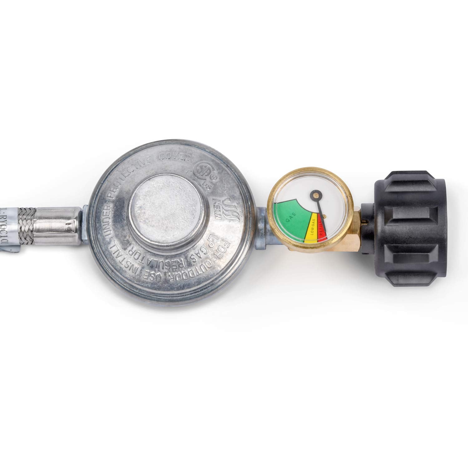 GasSaf regulator with QCC1 and flare nut compatibility for LP setups.