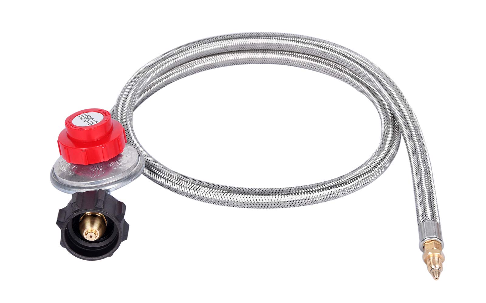 GasSaf regulator with 4 ft hose shown in outdoor cooking setup