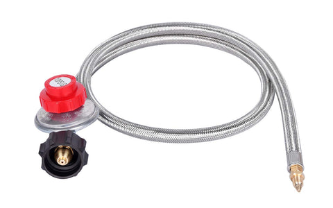 GasSaf regulator with 4 ft hose shown in outdoor cooking setup